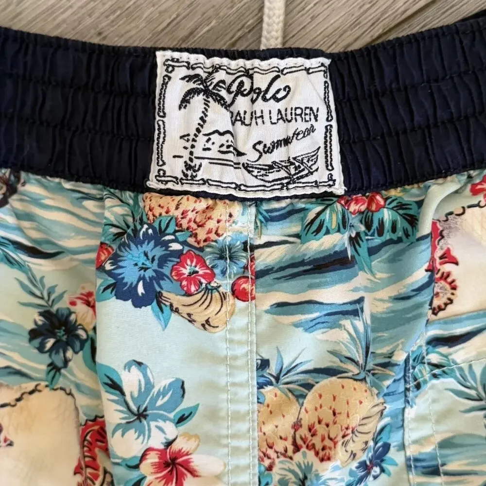Polo Ralph Lauren Boys Drawstring Blue Swim Trunks Extra Large 18-20 Hawaiian